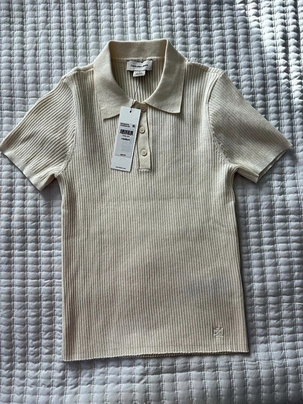 Calvin Klein Smooth Cotton Rib Polo Sweater Ribbed Short Sleeve Top in Cream